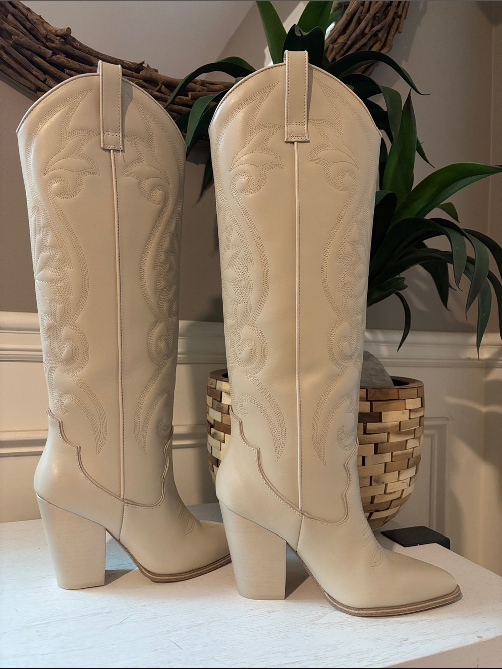 Steve Madden Cream Knee-High Western Boots with Block Heel - Picture 8 of 16